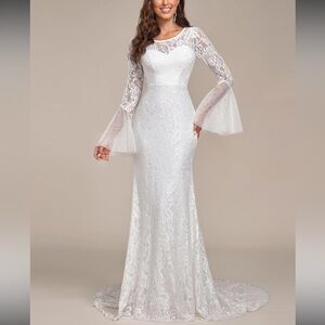 White Lace Bell Sleeve wedding Dress SZ S